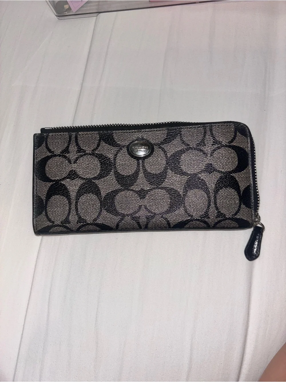 Coach Zip-Around Wallet in Black and Taupe Signature Jacquard